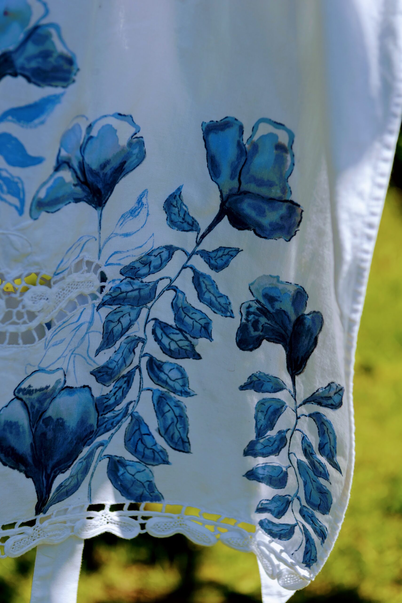 Close-up of painted textile artwork by Jessica Sheila